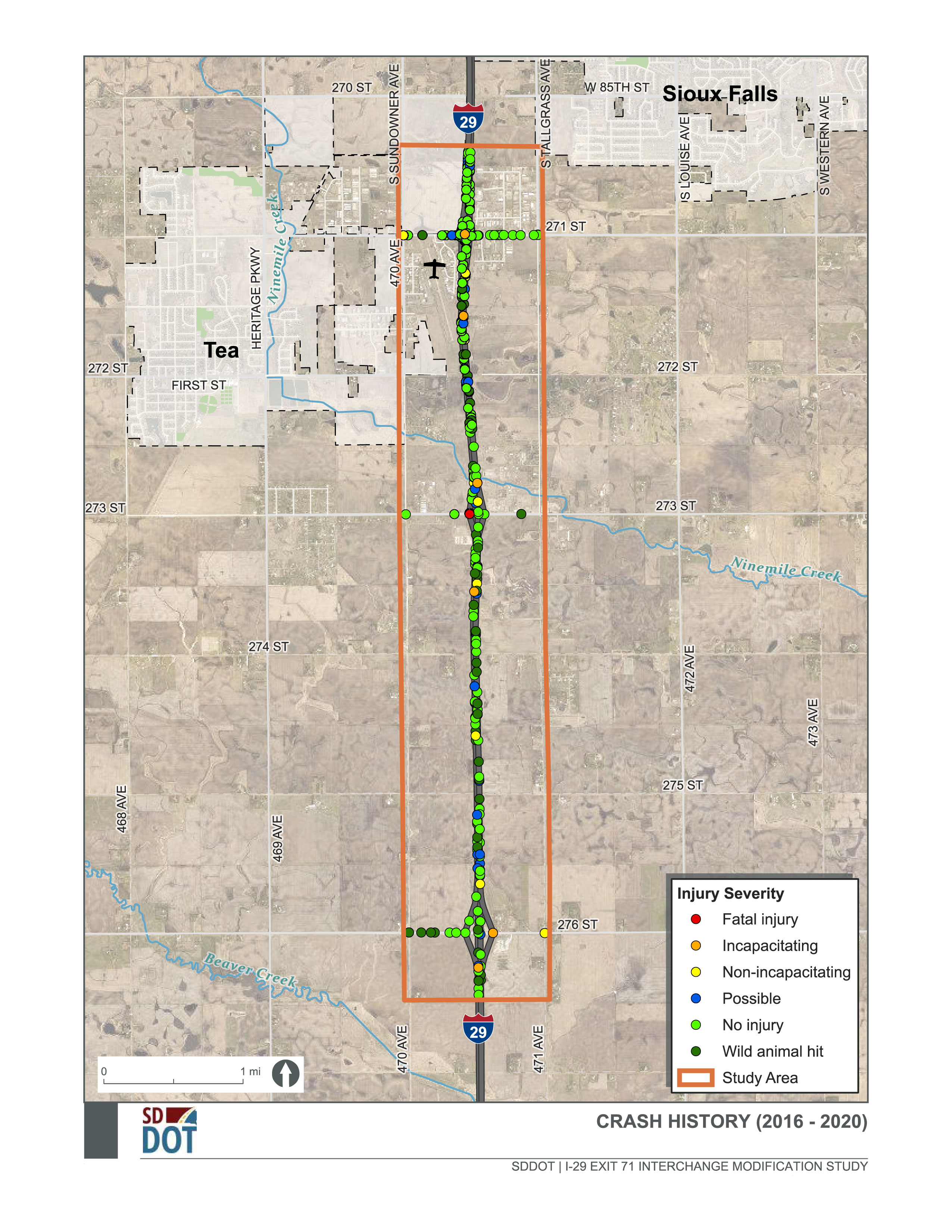 The Crash History graphic shows points of crashes within the study area from 2016 to 2020. Types of crashes indicated on this diagram include fatal injury, incapacitating, non-incapacitating, possible, no injury and wind animal hits.